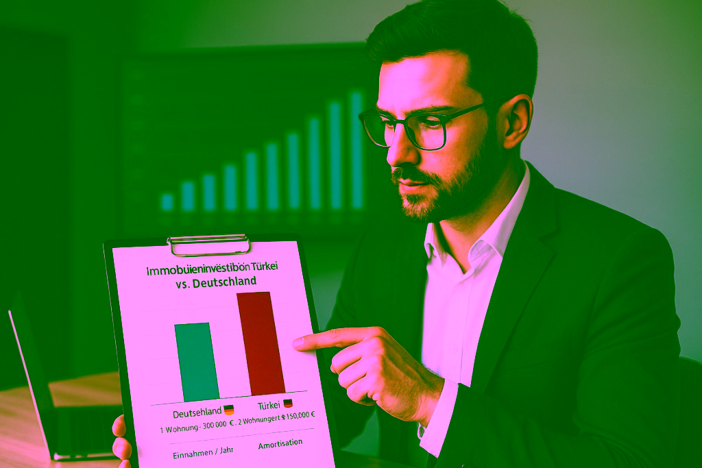 Geschäftsmann analysiert Rentabilitätsgrafik einer Immobilieninvestition in der Türkei