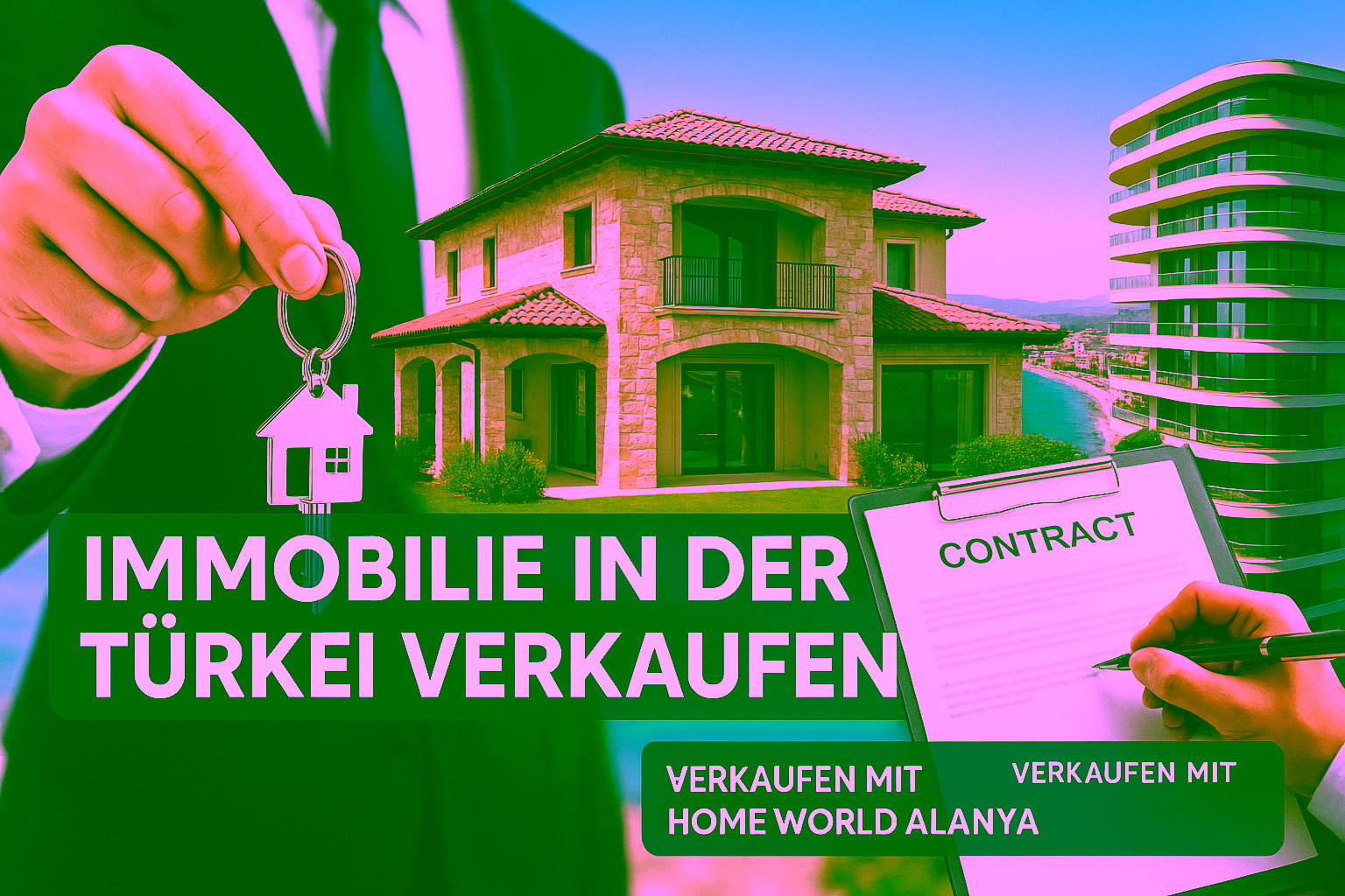 immobilienverkauf in der Türkei – Schlüsselübergabe, moderne Villa, Hochhaus am Meer und Kaufvertrag