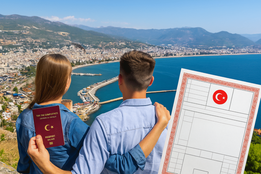 Paar mit türkischem Pass und Tapu über Alanya – Aufenthaltserlaubnis und Staatsbürgerschaft durch Immobilien Türkei 2025