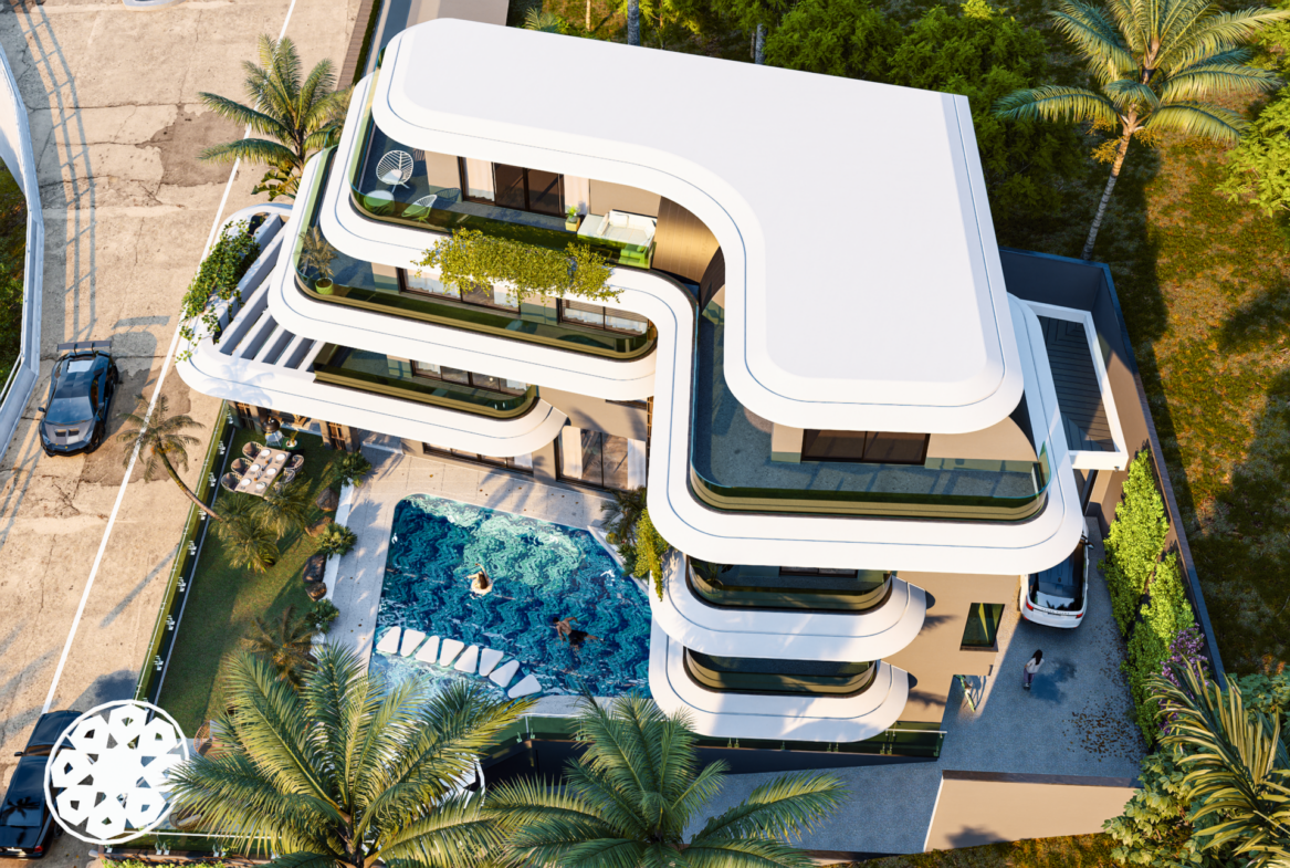 Luxusvilla Alanya – Moderne Architektur der Villa Nehirsu 7 mit Terrassen und Pool von oben