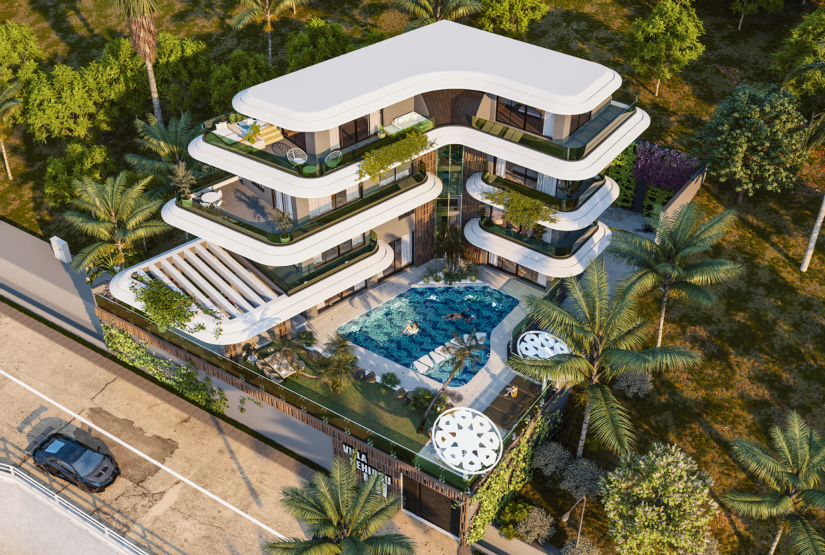 Luxusvilla Alanya – Luftaufnahme der gesamten Villa Nehirsu 7 mit Pool und Garten