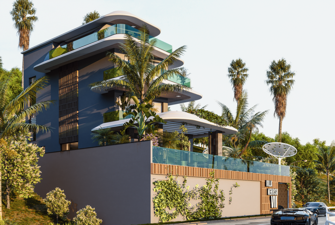 Luxusvilla Alanya – Außenansicht der Villa Nehirsu 7 mit modernen Fassadenlinien
