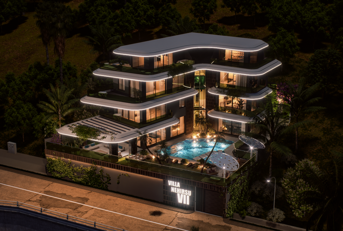 Luxusvilla Alanya – Luftaufnahme der Villa Nehirsu 7 mit Pool und Gartenbereich bei Nacht