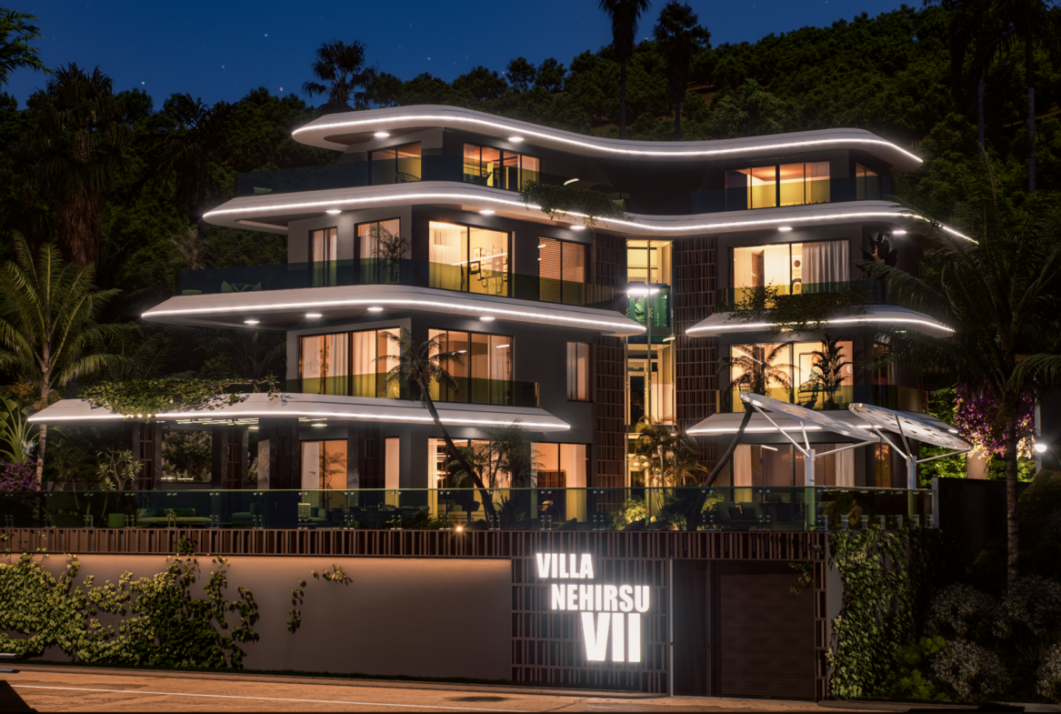 Luxusvilla Alanya – Nachtansicht der modernen Villa Nehirsu 7 mit beleuchteter Fassade