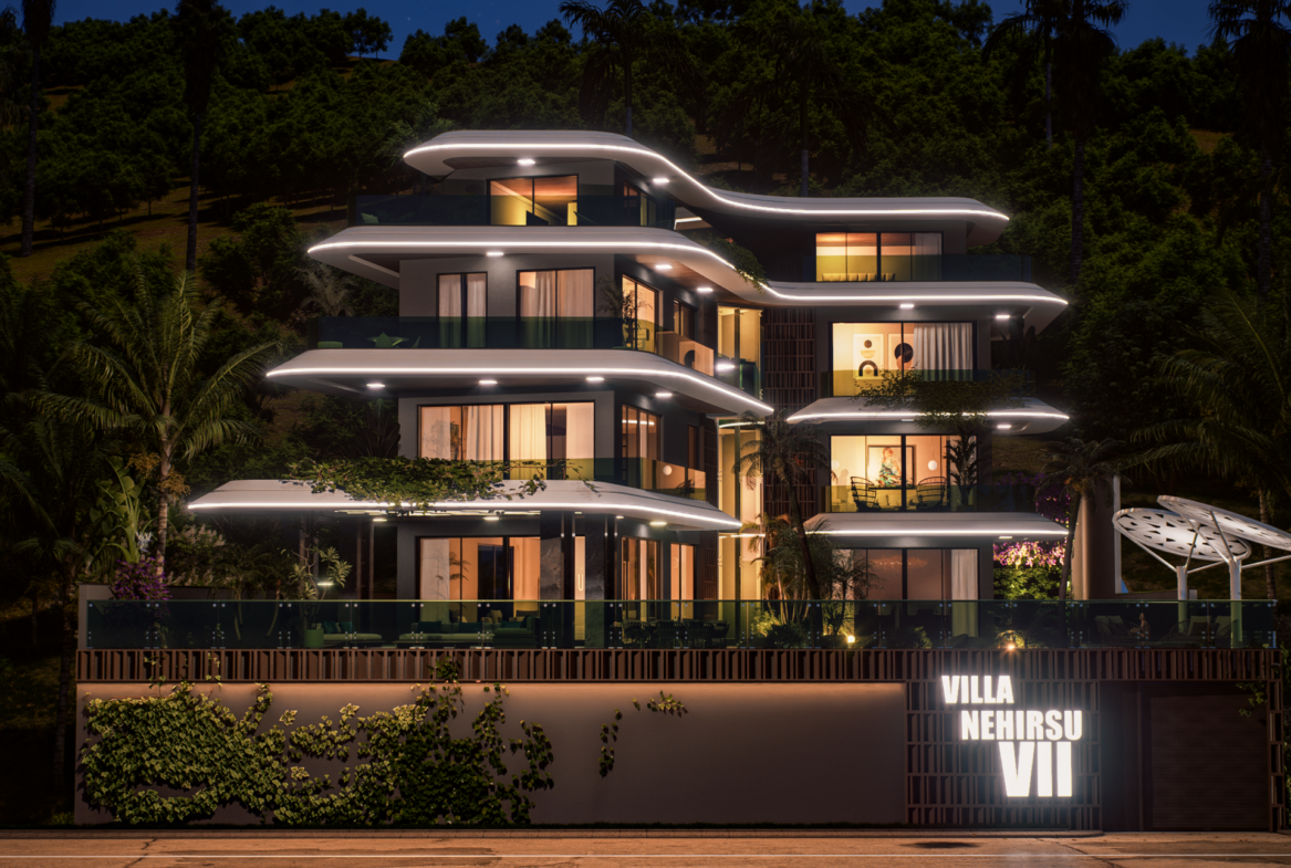 Luxusvilla Alanya – Nachtansicht der mehrstöckigen Villa Nehirsu 7 mit LED-Beleuchtung