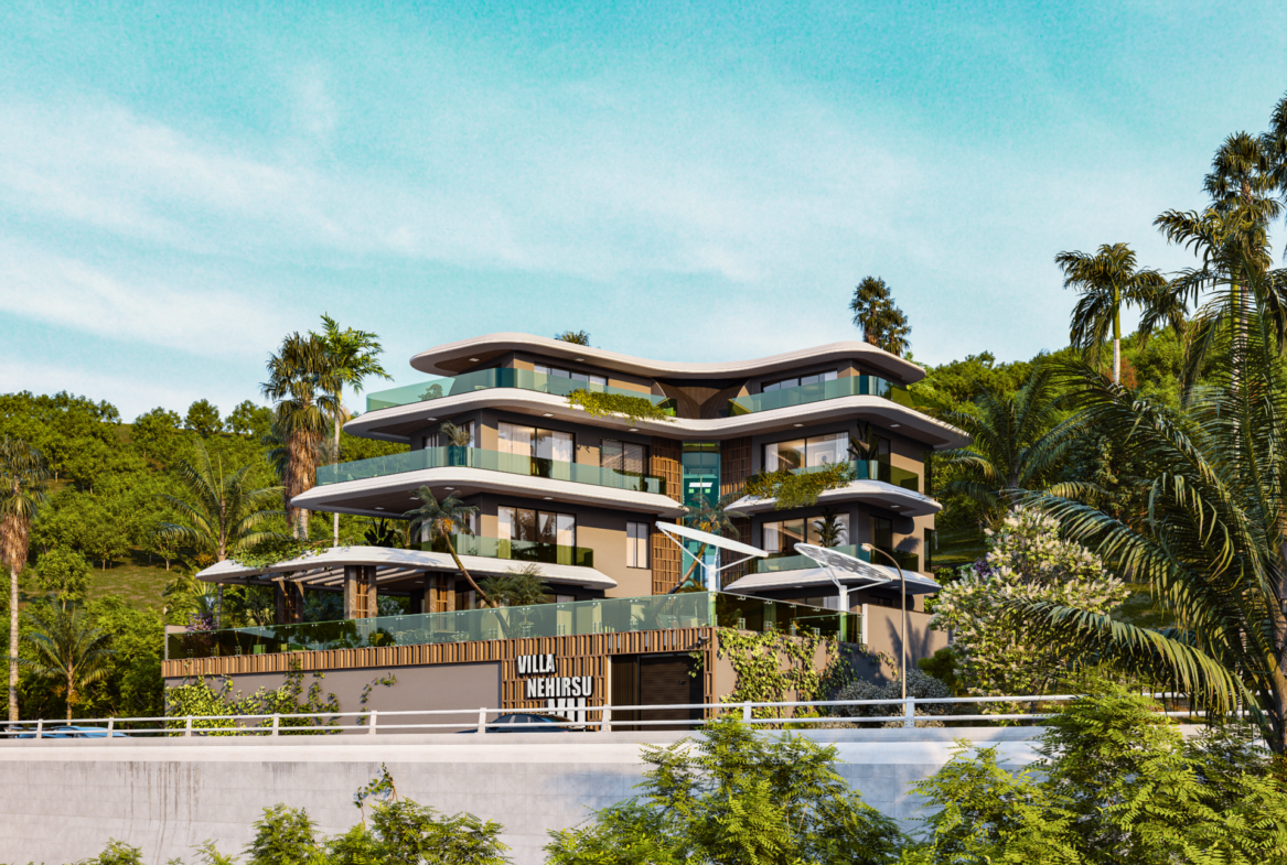 Luxusvilla Alanya – Weitwinkelaufnahme der Villa Nehirsu 7 in grüner Hanglage