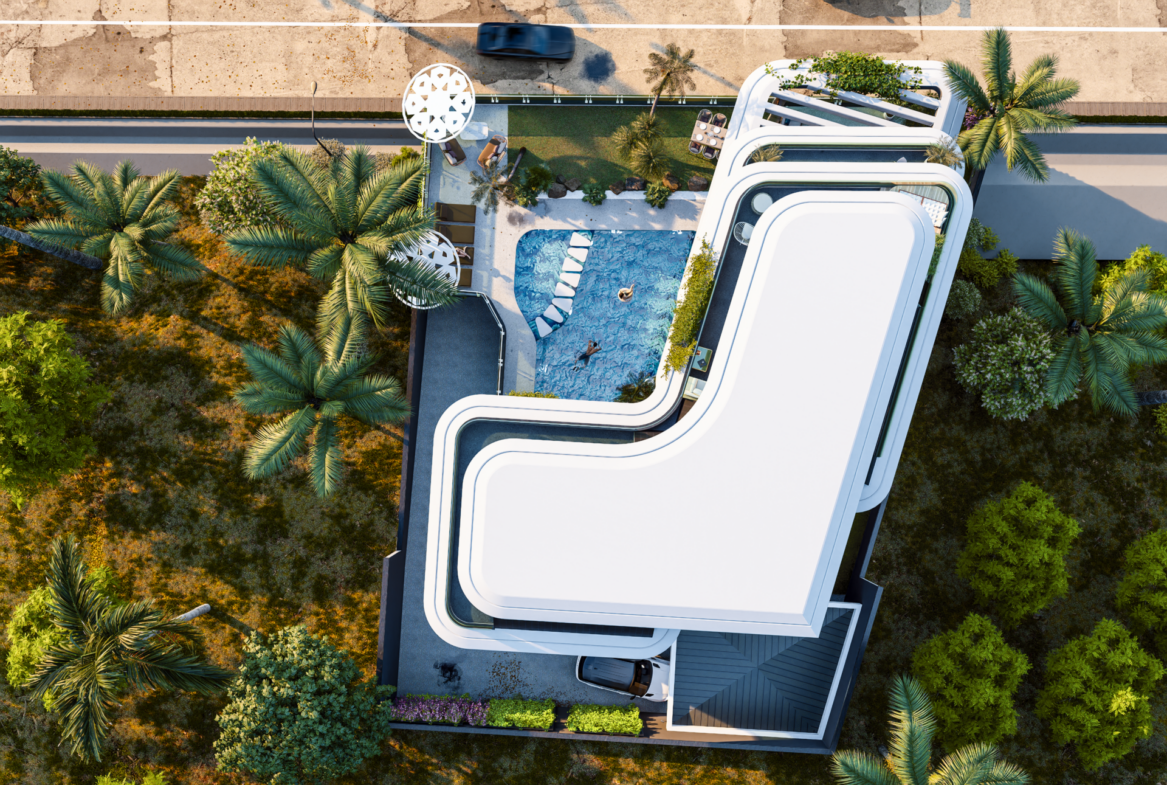 Luxusvilla Alanya – Draufsicht auf die Villa Nehirsu 7 und den Poolbereich aus der Vogelperspektive