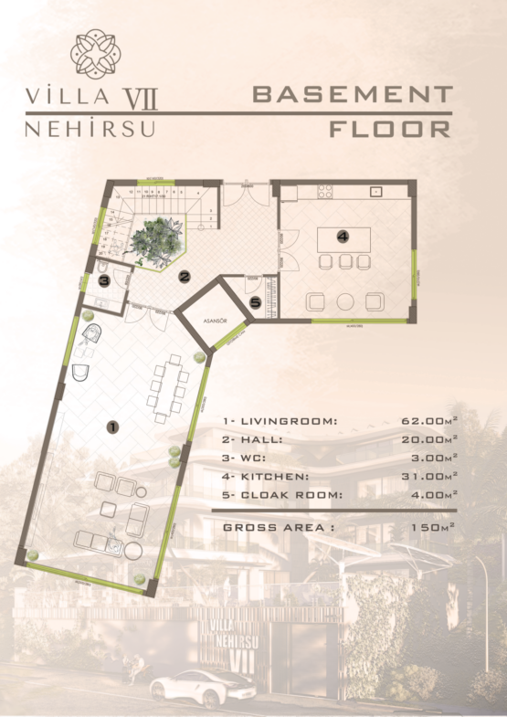 Grundriss des Basement-Floors der Villa Nehirsu 7 in Alanya – Wohnzimmer, Küche, Hall, WC und Abstellbereiche.