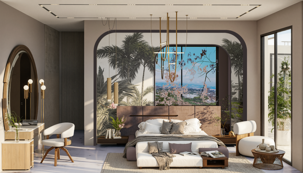 Naturinspiriertes Schlafzimmer der Villa Nehirsu 7 – Wandkunst, Spiegel und modernes Interieur.
