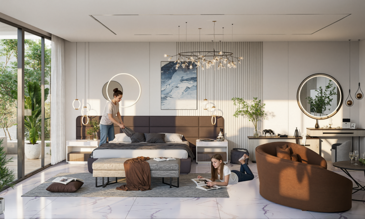 Family Bedroom der Luxusvilla Nehirsu 7 – warmes Interieur, große Fenster und moderne Gestaltung.