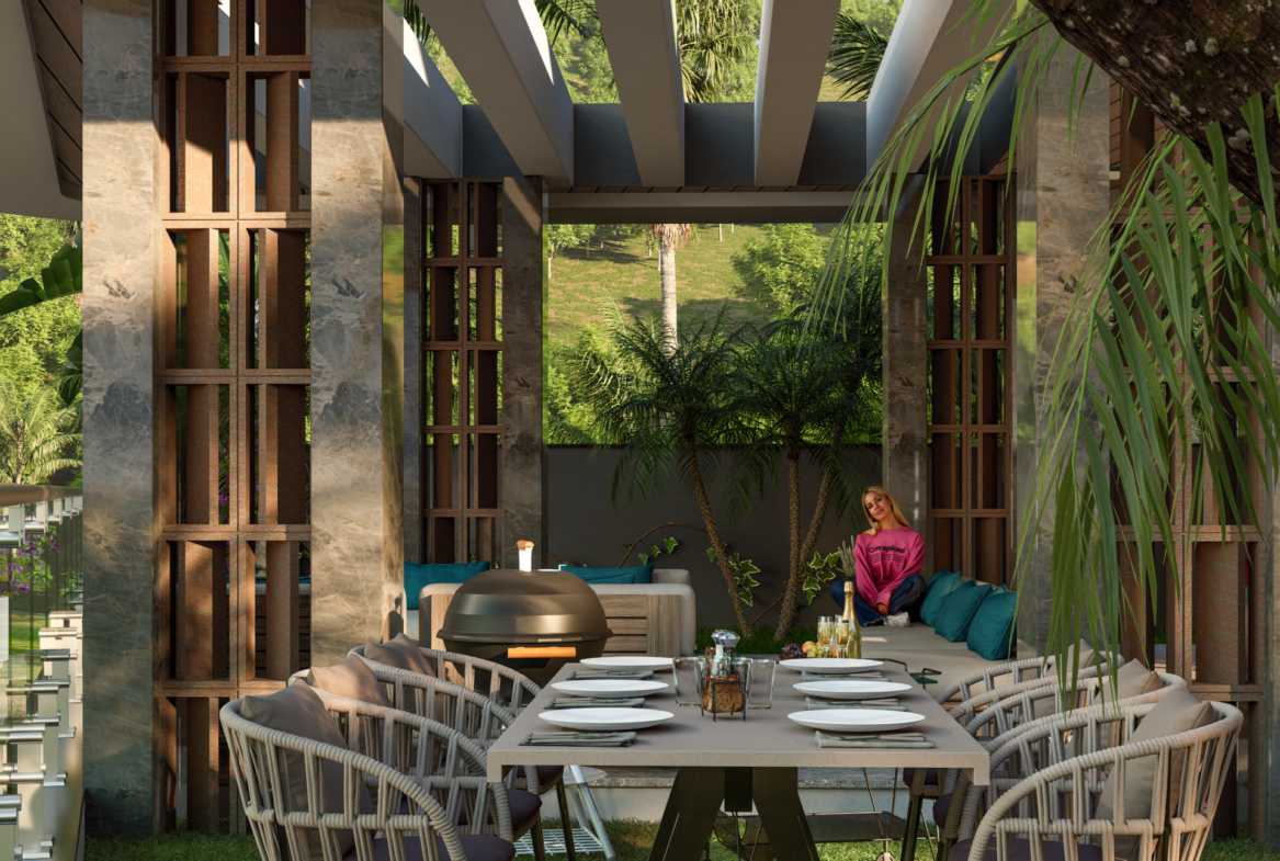 Luxusvilla Alanya – überdachte Gartenlounge der Villa Nehirsu 7 mit Ess- und Sitzbereich
