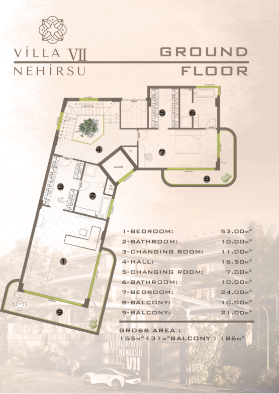 Grundriss des Erdgeschosses der Villa Nehirsu 7 – Schlafzimmer, Badezimmer, Ankleidezimmer, Hall und Balkone.