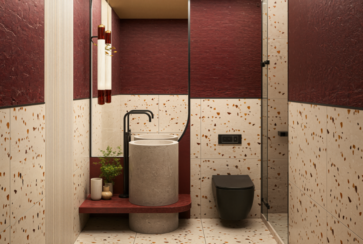 Gäste-WC der Villa Nehirsu 7 – Terrazzo-Design, elegante Armaturen und stilvolle Beleuchtung.