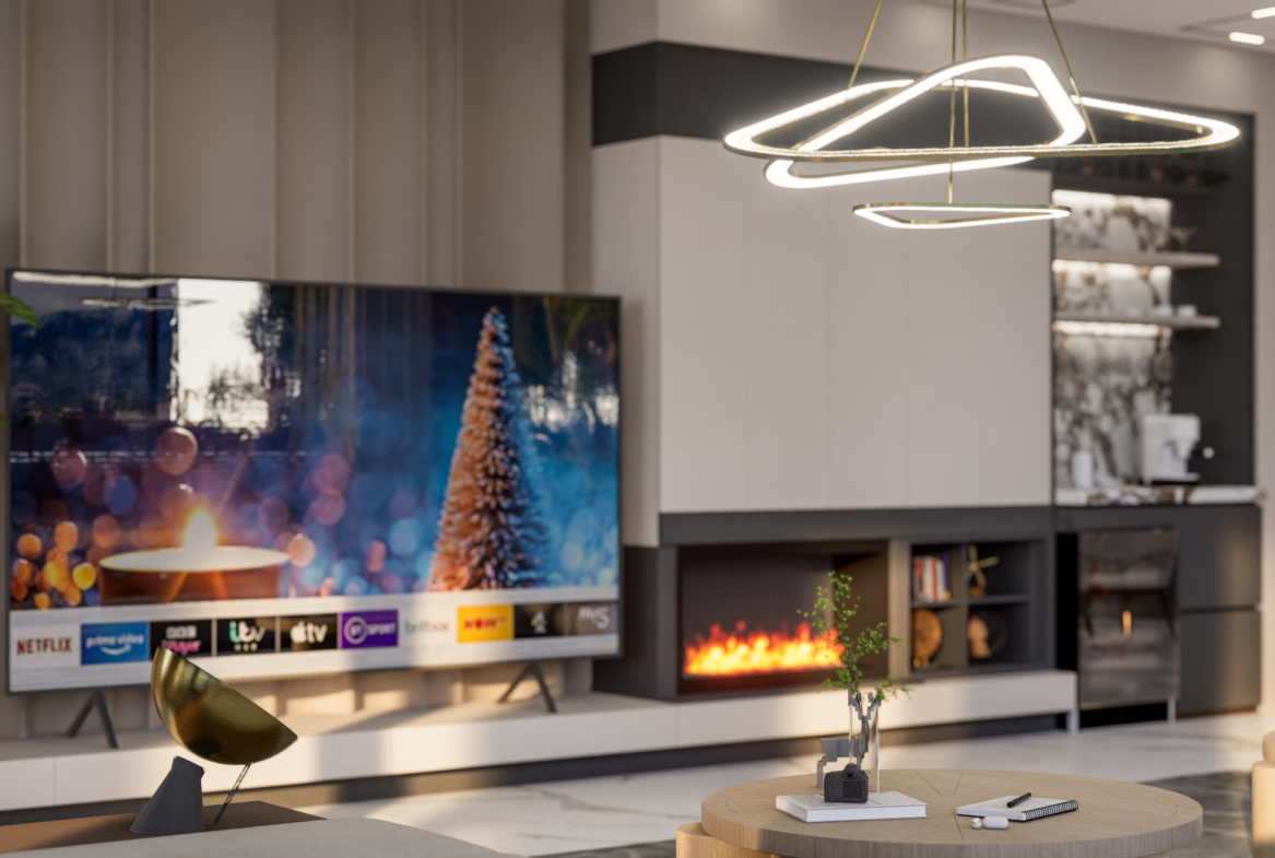 Luxus-Wohnbereich mit moderner TV-Wand, Kamin und edlen Möbeln in der Villa Nehirsu 7.