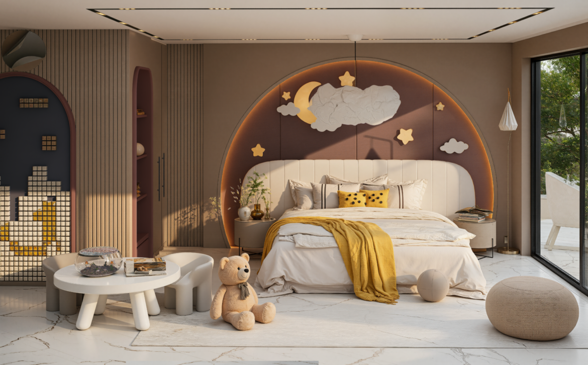 Kinderzimmer der Luxusvilla Nehirsu 7 – warme Farben, Dekoration und modernes Raumgefühl.
