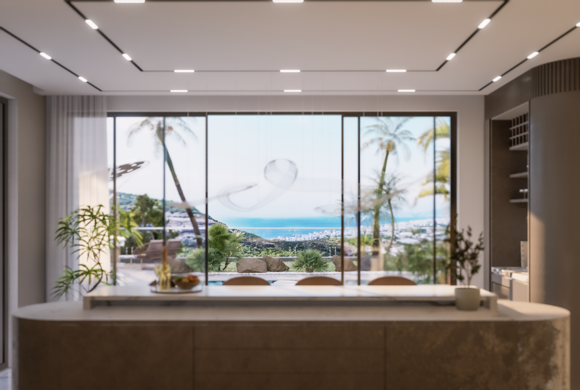 Luxusvilla Nehirsu 7 – moderne Küche mit Meerblick durch bodentiefe Fenster.