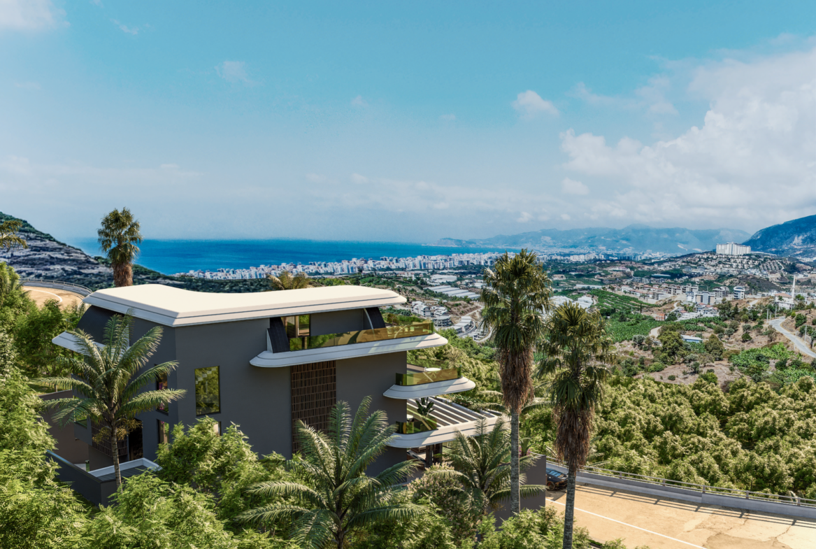 Luxusvilla Alanya – Luftaufnahme mit Meerblick über Alanya und die Villa Nehirsu 7