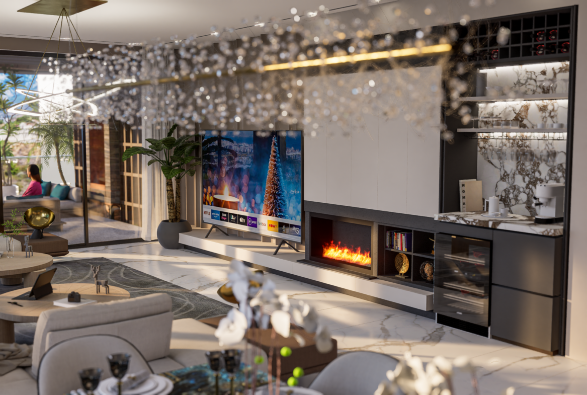 Wohnzimmer der Villa Nehirsu 7 – moderner Kamin, TV-Wand und stilvolle Einrichtung.