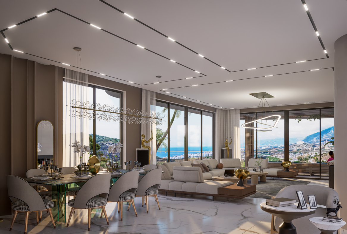 Luxusvilla Alanya Nehirsu 7 – großes Panorama-Wohnzimmer mit Meer- und Bergblick.