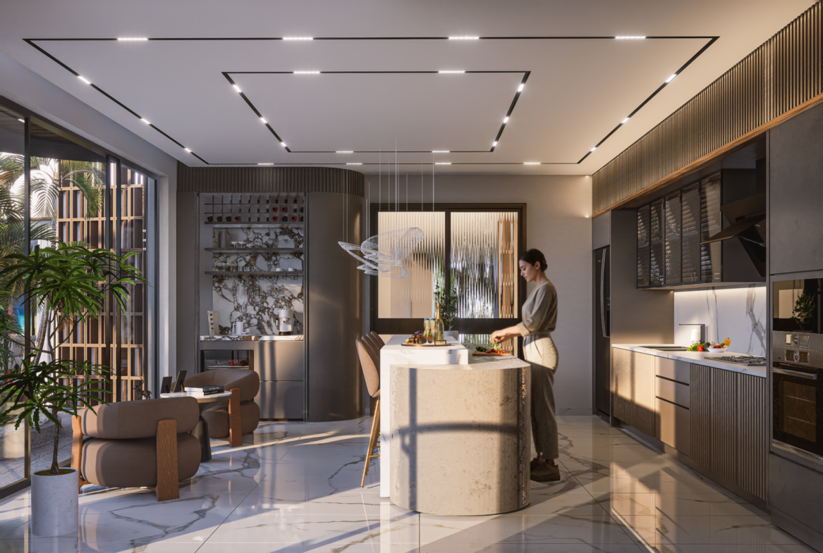 Moderne Luxus-Küche der Villa Nehirsu 7 – Kücheninsel, Designerbeleuchtung und hochwertige Oberflächen.