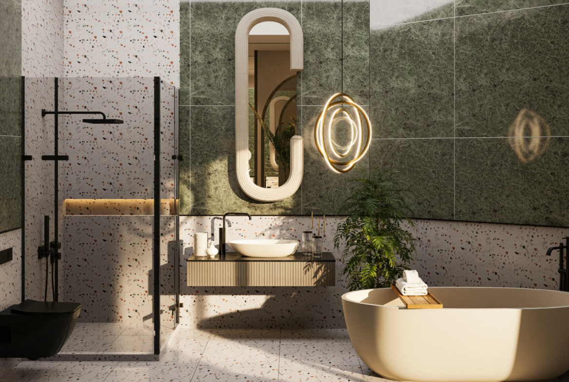 Luxuriöses Master-Badezimmer der Villa Nehirsu 7 – freistehende Badewanne, Spiegelwand und modernes Design.