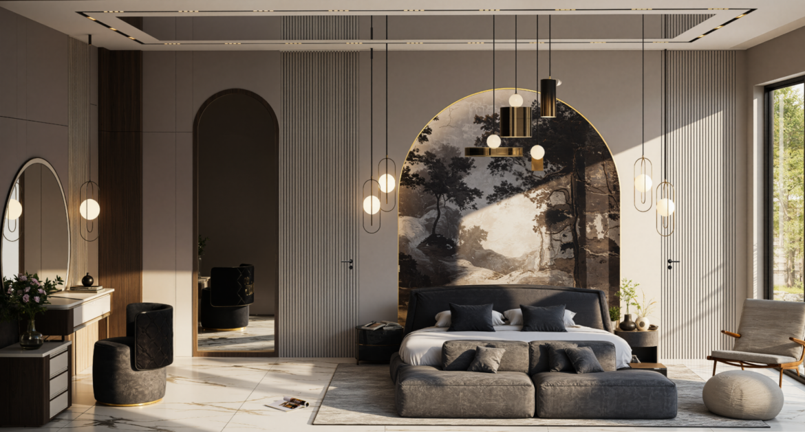 Luxusvilla Alanya Nehirsu 7 – elegantes Master-Schlafzimmer mit Kunstwand, Designbeleuchtung und Panorama-Fenstern.