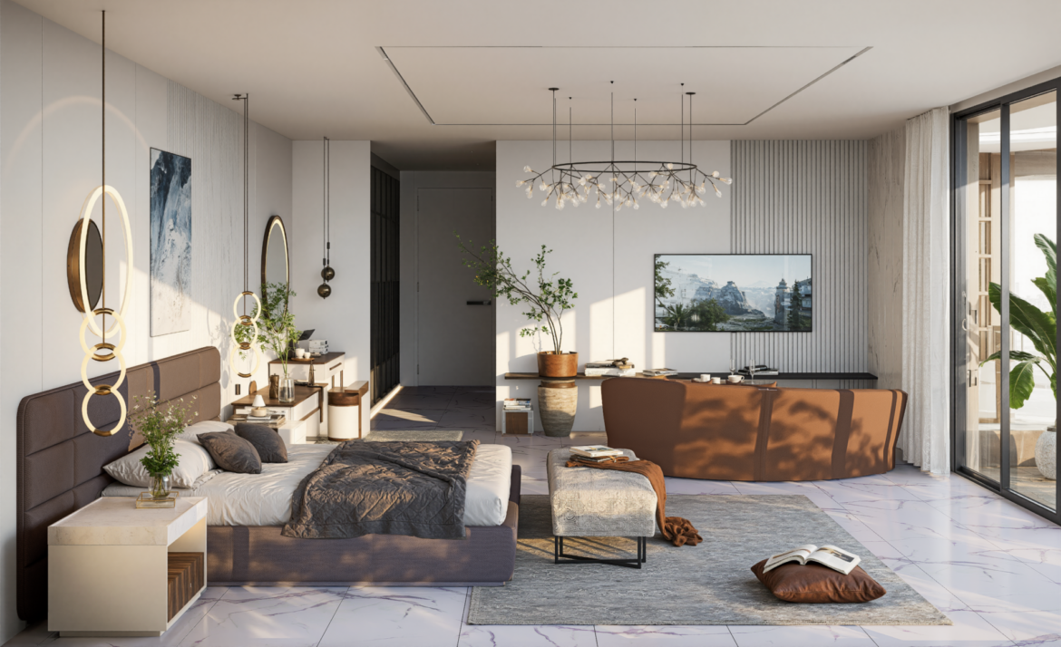 Master-Schlafzimmer der Luxusvilla Alanya Nehirsu 7 – modernes Interieur, Designbeleuchtung und großzügiger Wohnbereich.