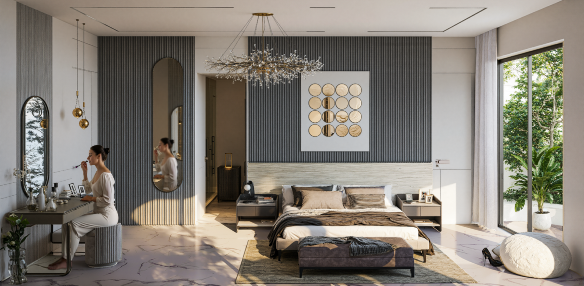 Master Bedroom der Luxusvilla Nehirsu 7 – Schminktisch, moderne Einrichtung und bodentiefe Fenster
