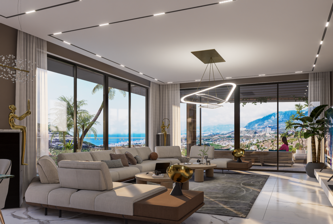 Wohnzimmer der Villa Nehirsu 7 mit weitem Meerblick durch bodentiefe Fenster.