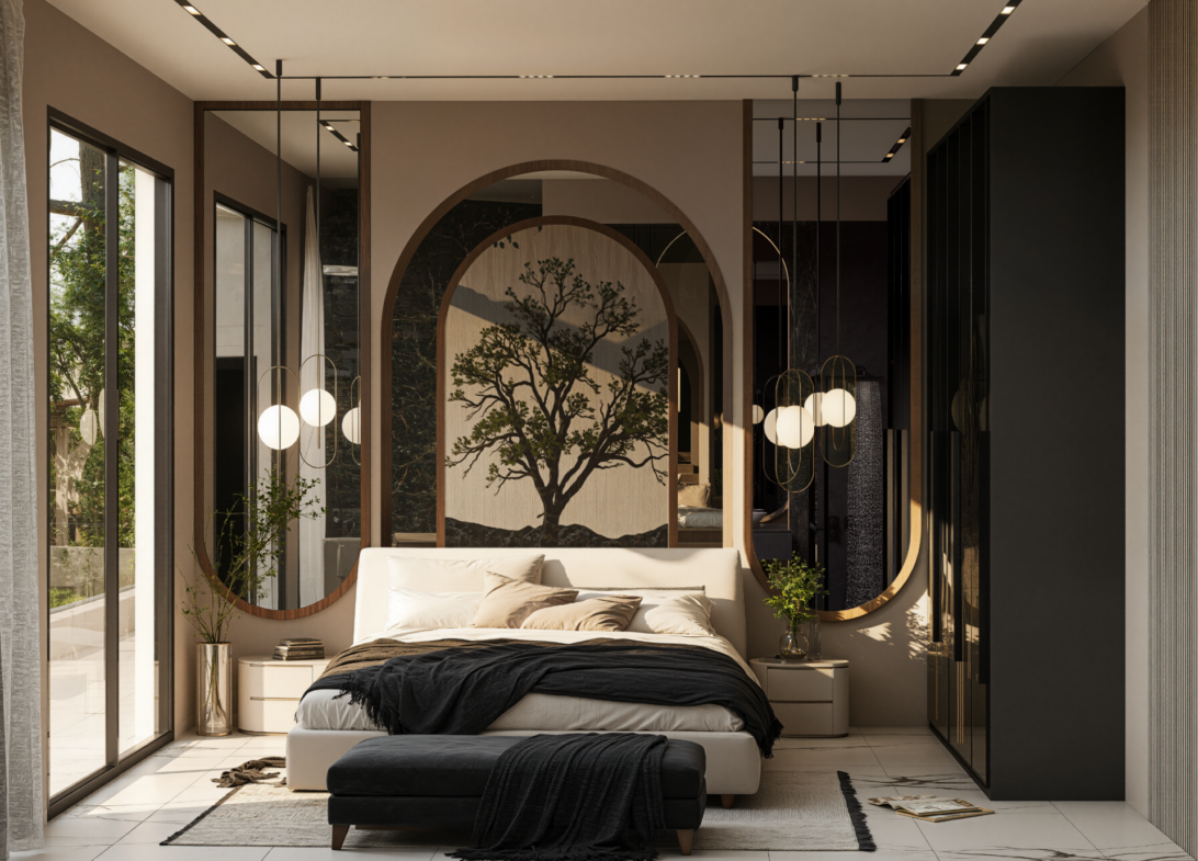 Minimalistisches Schlafzimmer der Villa Nehirsu 7 – schwarze Akzente, klare Linien und große Fenster.