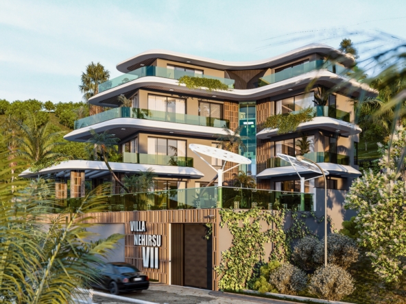 Luxusvilla Alanya – Moderne Fassadenansicht der Villa Nehirsu 7 mit Glasbalkonen und mediterraner Architektur in Kargıcak.