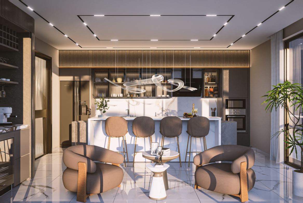 Moderne Designer-Küche der Luxusvilla Alanya Nehirsu 7 mit Insel, hochwertigen Geräten und eleganter Beleuchtung.