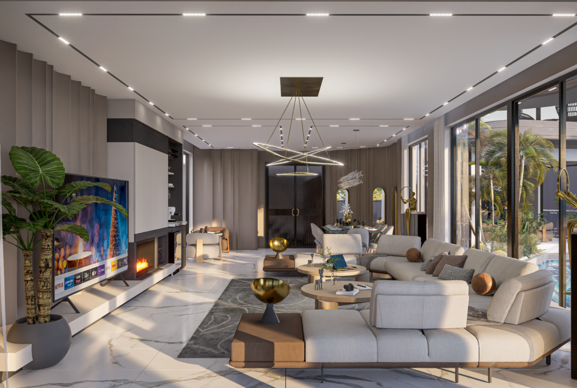 Modernes Wohnzimmer der Luxusvilla Alanya Nehirsu 7 mit Designer-Sofa und weiten Fensterfronten.