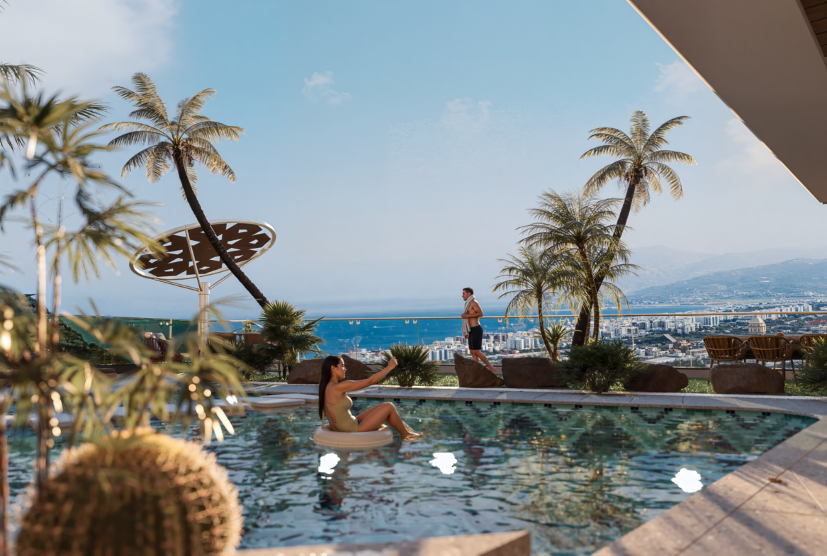 Luxusvilla Alanya – Poolbereich der Villa Nehirsu 7 mit atemberaubendem Meerblick