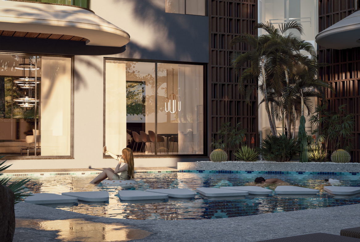 Moderner Swimmingpool der Luxusvilla Nehirsu 7 mit Stegplatten, tropischen Pflanzen und zeitgenössischer Fassadengestaltung.
