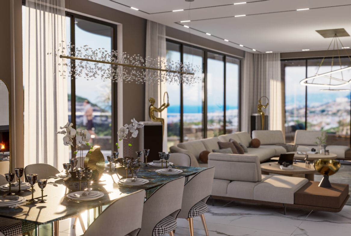 Luxusvilla Alanya Nehirsu 7 – eleganter Wohnbereich mit großen Fenstern und Panoramablick.