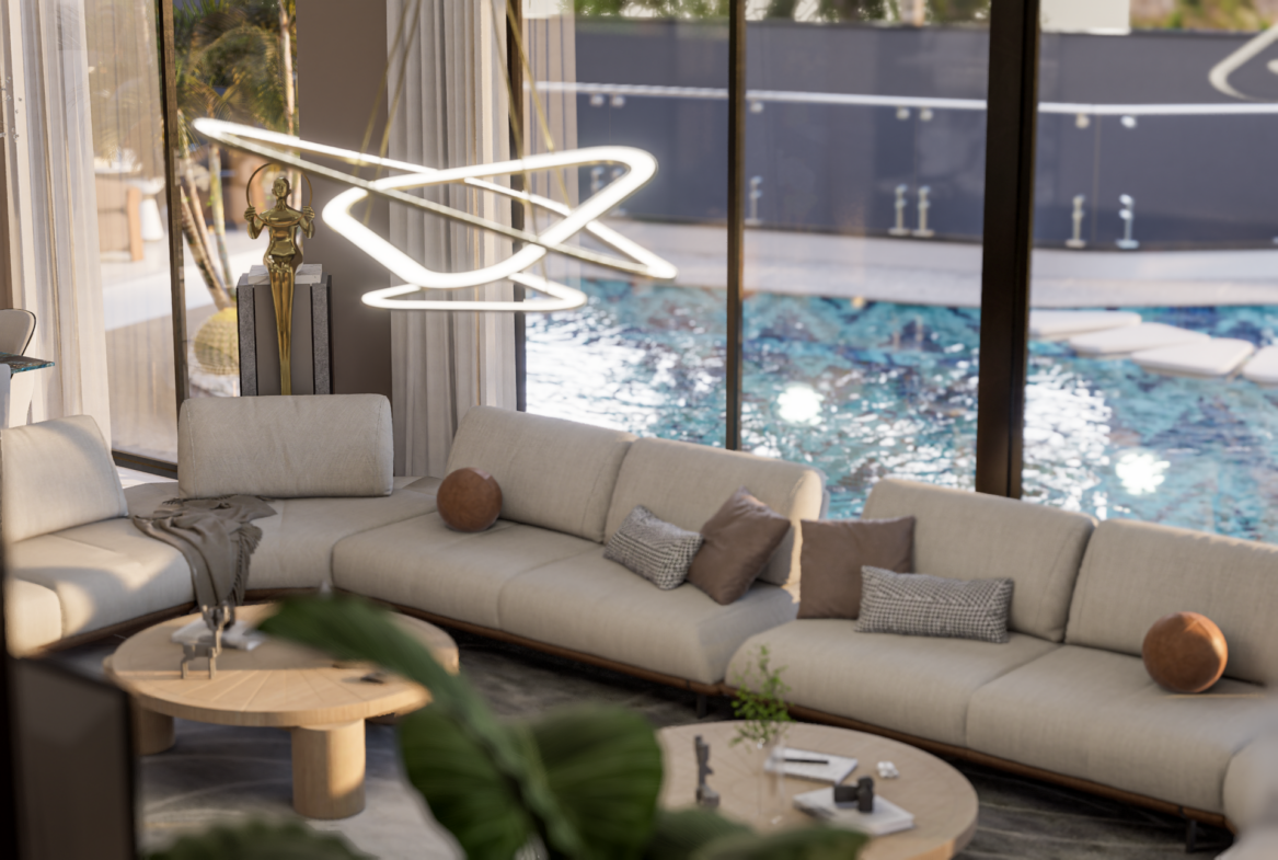 Luxusvilla Alanya Nehirsu 7 – Wohnzimmer mit direktem Blick auf den Pool.