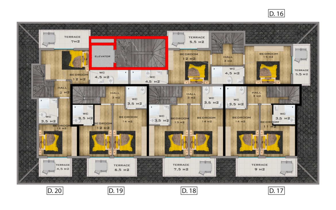 Floor plan of the upper floor of a 3-room apartment in Mahmutlar with elevator and terraces