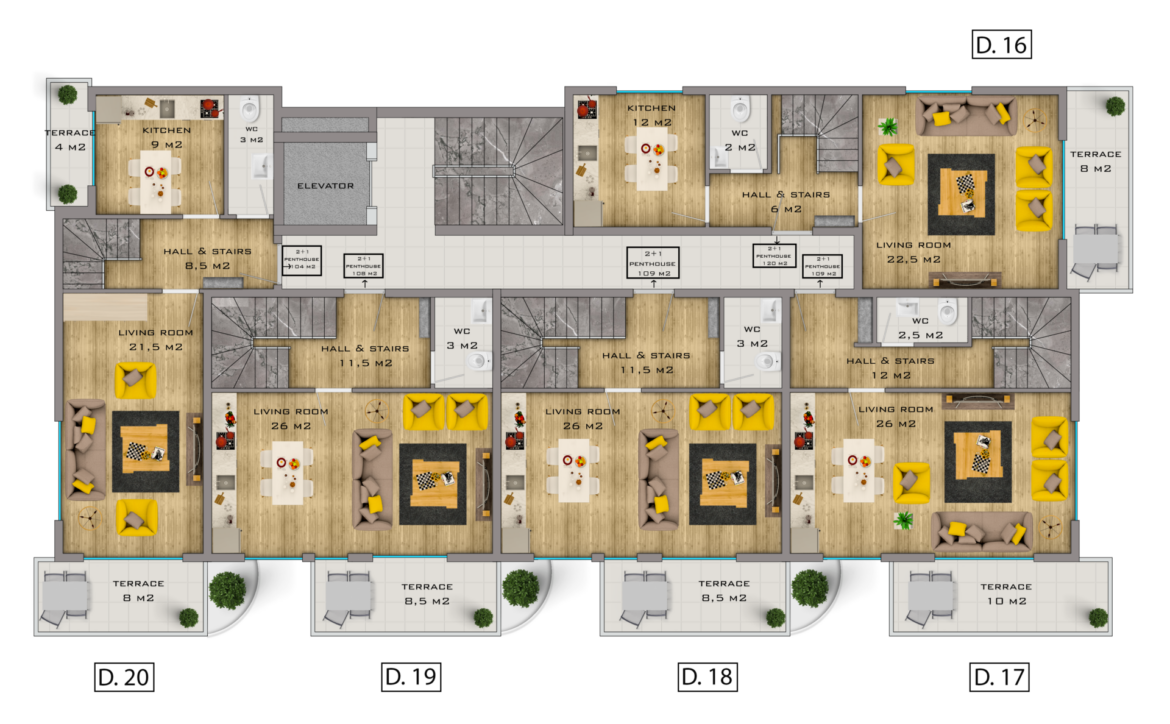 Floor plan of the 3-room apartment in Mahmutlar with terrace and elevator