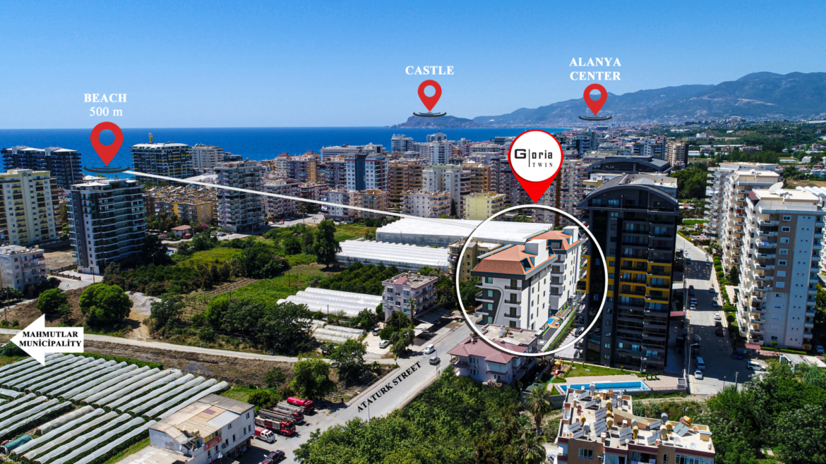 Apartment for sale in Mahmutlar – site plan showing distance to the beach (500 m) and proximity to the center